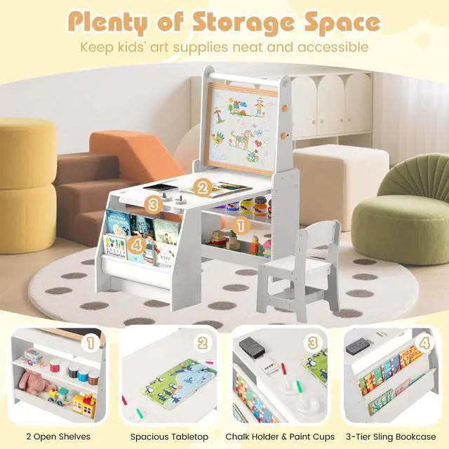 Alt view image 4 of 6 - Kids Art Table, Wooden Arts and Crafts Activity Set w/Adjustable Magnetic Whiteboard & Chalkboard, Paper Roll, Bookshelves & Storage Shelves, Toddler Table and Chair Set (Gray)