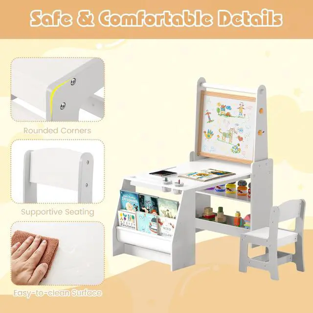 Alt view image 5 of 6 - Kids Art Table, Wooden Arts and Crafts Activity Set w/Adjustable Magnetic Whiteboard & Chalkboard, Paper Roll, Bookshelves & Storage Shelves, Toddler Table and Chair Set (Gray)