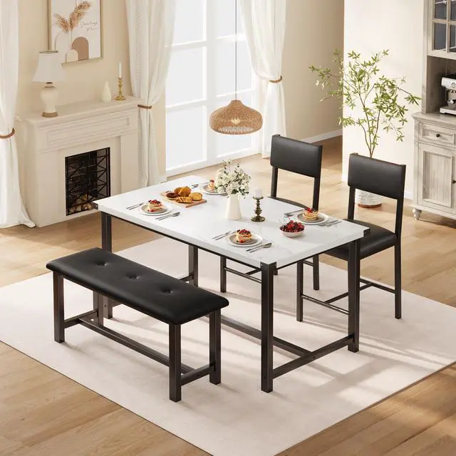 Main image of 4-Piece Dining Table Set with Bench, Rustic Wood Table with Upholstered Chairs, Space-Saving Kitchen Table Set for Dining Room, Apartment, Small Spaces, White Marble