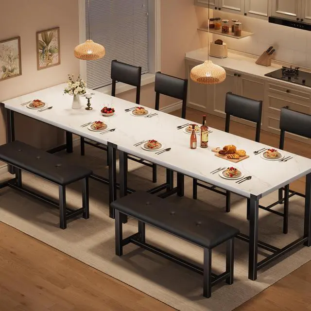 Alt view image 3 of 6 - 4-Piece Dining Table Set with Bench, Rustic Wood Table with Upholstered Chairs, Space-Saving Kitchen Table Set for Dining Room, Apartment, Small Spaces, White Marble