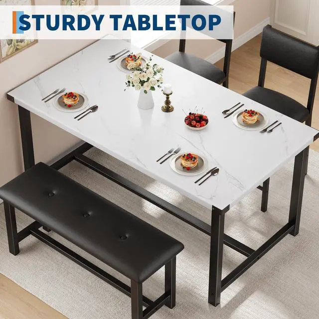 Alt view image 4 of 6 - 4-Piece Dining Table Set with Bench, Rustic Wood Table with Upholstered Chairs, Space-Saving Kitchen Table Set for Dining Room, Apartment, Small Spaces, White Marble