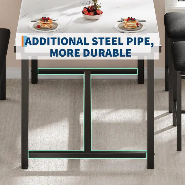 Alt view image 5 of 6 - 4-Piece Dining Table Set with Bench, Rustic Wood Table with Upholstered Chairs, Space-Saving Kitchen Table Set for Dining Room, Apartment, Small Spaces, White Marble