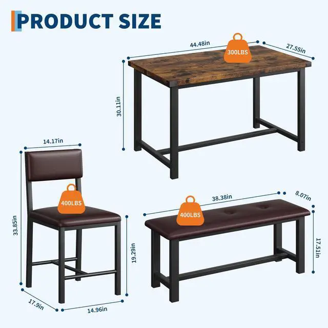 Alt view image 2 of 6 - 4-Piece Dining Table Set with Bench, Rustic Wood Table with Upholstered Chairs, Space-Saving Kitchen Table Set for Dining Room, Apartment, Small Spaces, Retro Brown