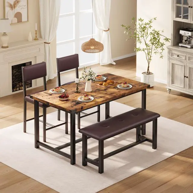 Alt view image 3 of 6 - 4-Piece Dining Table Set with Bench, Rustic Wood Table with Upholstered Chairs, Space-Saving Kitchen Table Set for Dining Room, Apartment, Small Spaces, Retro Brown
