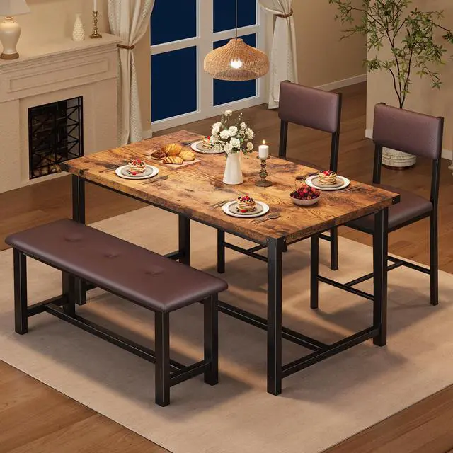 Alt view image 4 of 6 - 4-Piece Dining Table Set with Bench, Rustic Wood Table with Upholstered Chairs, Space-Saving Kitchen Table Set for Dining Room, Apartment, Small Spaces, Retro Brown