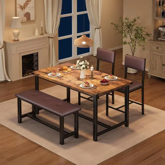Alt view image 5 of 6 - 4-Piece Dining Table Set with Bench, Rustic Wood Table with Upholstered Chairs, Space-Saving Kitchen Table Set for Dining Room, Apartment, Small Spaces, Retro Brown