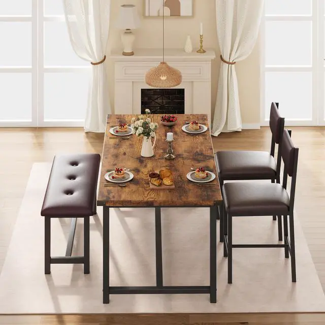 Alt view image 6 of 6 - 4-Piece Dining Table Set with Bench, Rustic Wood Table with Upholstered Chairs, Space-Saving Kitchen Table Set for Dining Room, Apartment, Small Spaces, Retro Brown