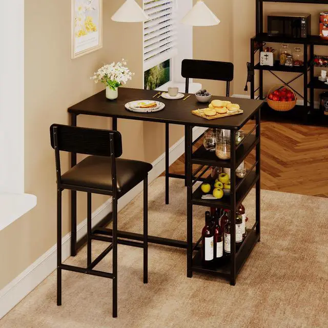 Main image of Dining Table Set for 2 with 3 Storage Shelves, 3-Piece Counter Height Kitchen Table Set with 2 Upholstered Bar Stools, Bar Table and Chairs Set for Small Space, Black