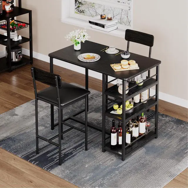 Alt view image 2 of 6 - Dining Table Set for 2 with 3 Storage Shelves, 3-Piece Counter Height Kitchen Table Set with 2 Upholstered Bar Stools, Bar Table and Chairs Set for Small Space, Black