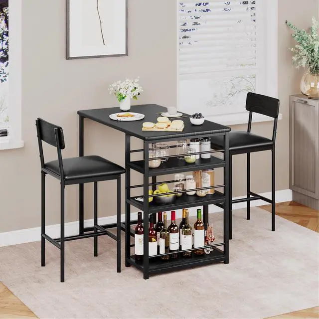 Alt view image 3 of 6 - Dining Table Set for 2 with 3 Storage Shelves, 3-Piece Counter Height Kitchen Table Set with 2 Upholstered Bar Stools, Bar Table and Chairs Set for Small Space, Black