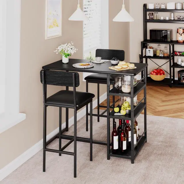 Alt view image 4 of 6 - Dining Table Set for 2 with 3 Storage Shelves, 3-Piece Counter Height Kitchen Table Set with 2 Upholstered Bar Stools, Bar Table and Chairs Set for Small Space, Black