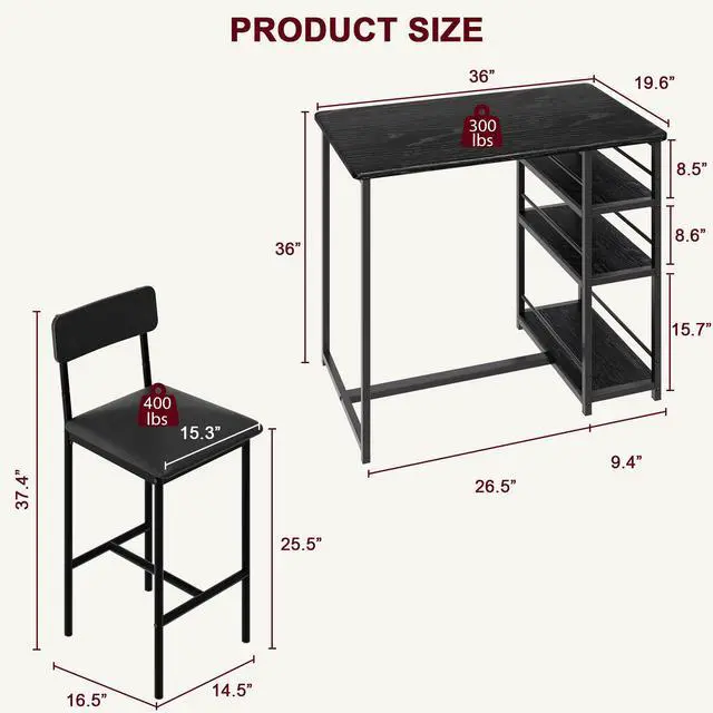 Alt view image 5 of 6 - Dining Table Set for 2 with 3 Storage Shelves, 3-Piece Counter Height Kitchen Table Set with 2 Upholstered Bar Stools, Bar Table and Chairs Set for Small Space, Black