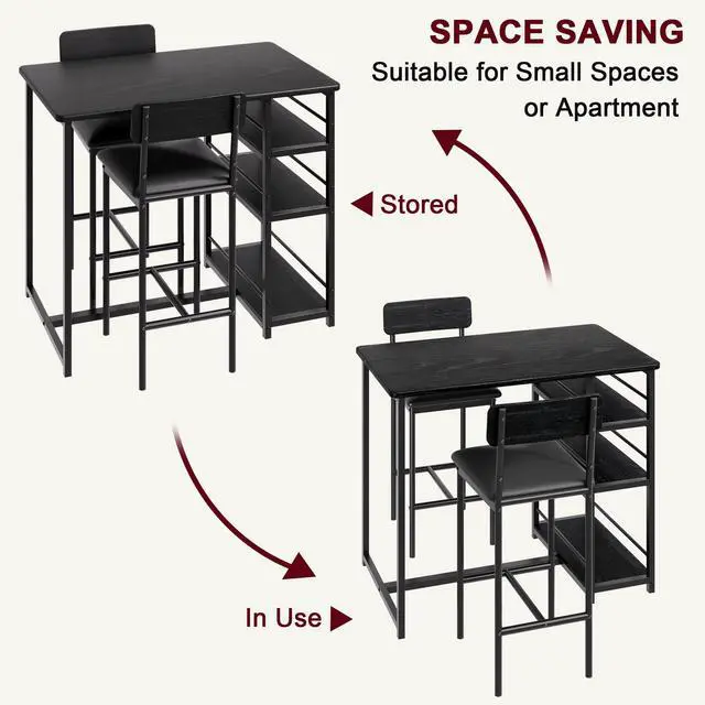 Alt view image 6 of 6 - Dining Table Set for 2 with 3 Storage Shelves, 3-Piece Counter Height Kitchen Table Set with 2 Upholstered Bar Stools, Bar Table and Chairs Set for Small Space, Black