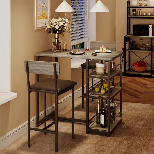 Main image of Dining Table Set for 2 with 3 Storage Shelves, 3-Piece Counter Height Kitchen Table Set with 2 Upholstered Bar Stools, Bar Table and Chairs Set for Small Space, Gray