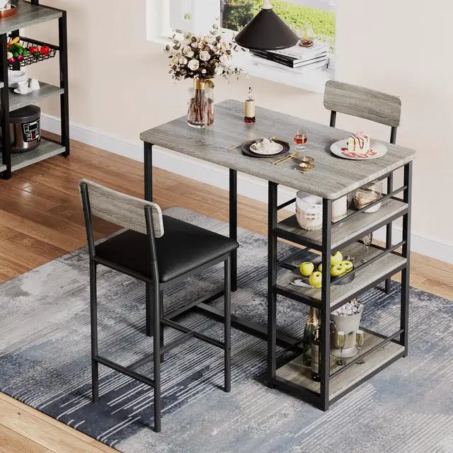 Alt view image 2 of 6 - Dining Table Set for 2 with 3 Storage Shelves, 3-Piece Counter Height Kitchen Table Set with 2 Upholstered Bar Stools, Bar Table and Chairs Set for Small Space, Gray