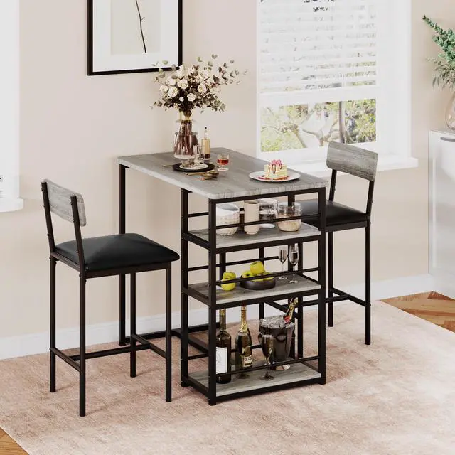 Alt view image 3 of 6 - Dining Table Set for 2 with 3 Storage Shelves, 3-Piece Counter Height Kitchen Table Set with 2 Upholstered Bar Stools, Bar Table and Chairs Set for Small Space, Gray