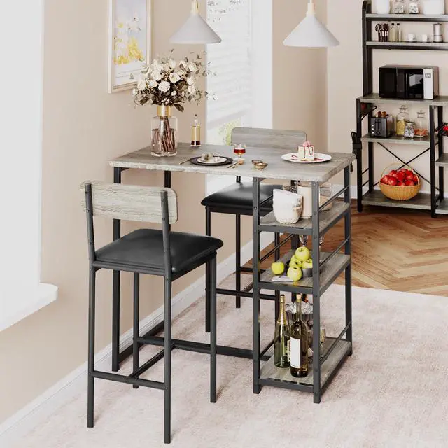 Alt view image 4 of 6 - Dining Table Set for 2 with 3 Storage Shelves, 3-Piece Counter Height Kitchen Table Set with 2 Upholstered Bar Stools, Bar Table and Chairs Set for Small Space, Gray