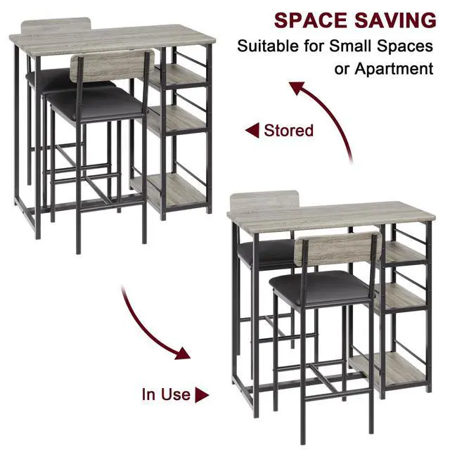 Alt view image 6 of 6 - Dining Table Set for 2 with 3 Storage Shelves, 3-Piece Counter Height Kitchen Table Set with 2 Upholstered Bar Stools, Bar Table and Chairs Set for Small Space, Gray