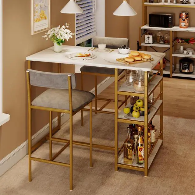 Main image of Dining Table Set for 2 with 3 Storage Shelves, 3-Piece Counter Height Kitchen Table Set with 2 Upholstered Bar Stools, Bar Table and Chairs Set for Small Space, Marble White