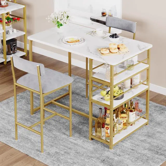 Alt view image 2 of 6 - Dining Table Set for 2 with 3 Storage Shelves, 3-Piece Counter Height Kitchen Table Set with 2 Upholstered Bar Stools, Bar Table and Chairs Set for Small Space, Marble White