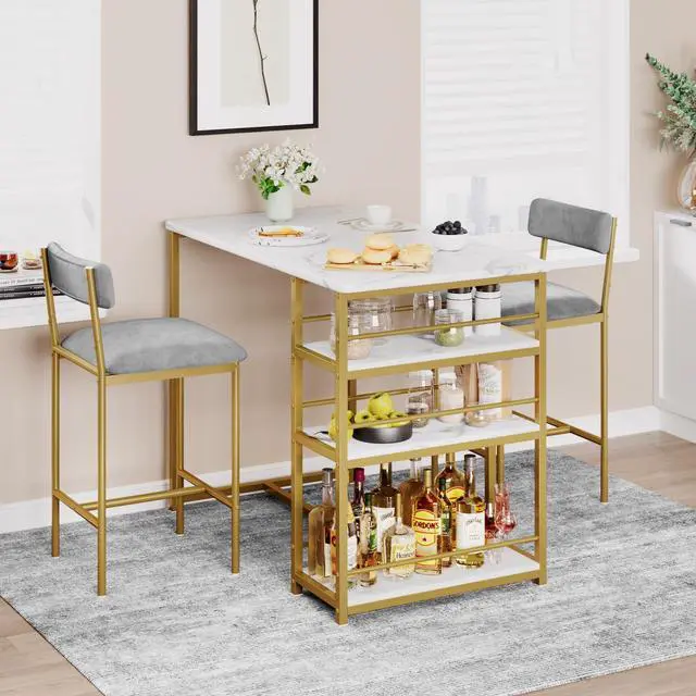 Alt view image 3 of 6 - Dining Table Set for 2 with 3 Storage Shelves, 3-Piece Counter Height Kitchen Table Set with 2 Upholstered Bar Stools, Bar Table and Chairs Set for Small Space, Marble White
