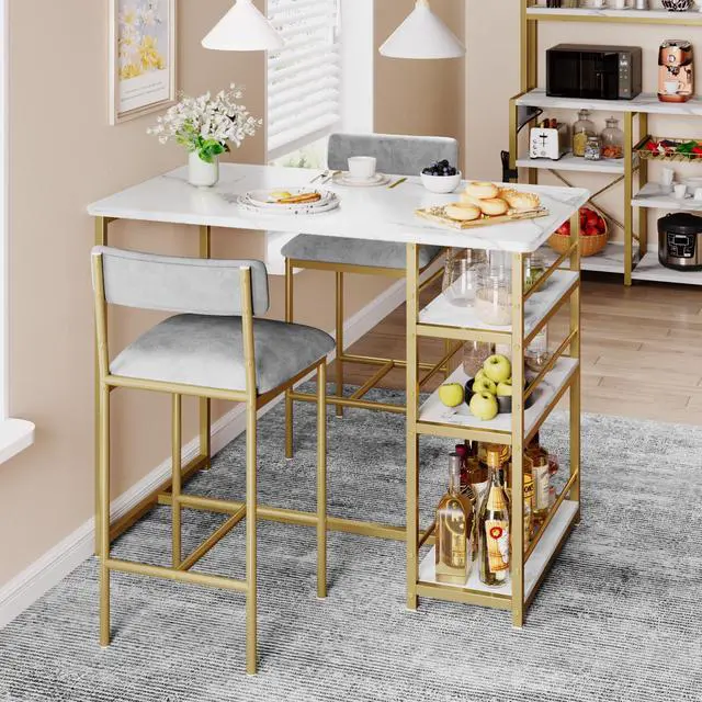 Alt view image 4 of 6 - Dining Table Set for 2 with 3 Storage Shelves, 3-Piece Counter Height Kitchen Table Set with 2 Upholstered Bar Stools, Bar Table and Chairs Set for Small Space, Marble White