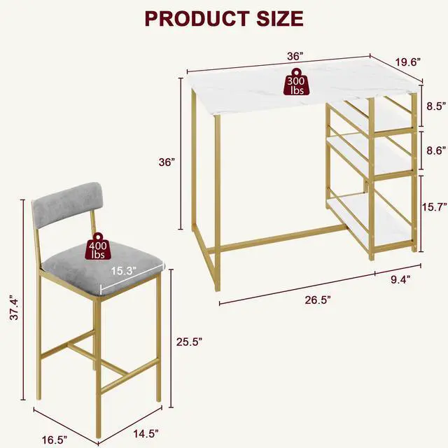 Alt view image 5 of 6 - Dining Table Set for 2 with 3 Storage Shelves, 3-Piece Counter Height Kitchen Table Set with 2 Upholstered Bar Stools, Bar Table and Chairs Set for Small Space, Marble White