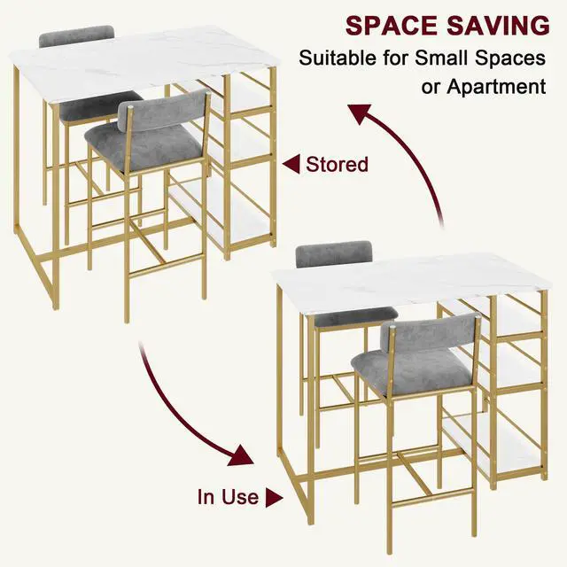 Alt view image 6 of 6 - Dining Table Set for 2 with 3 Storage Shelves, 3-Piece Counter Height Kitchen Table Set with 2 Upholstered Bar Stools, Bar Table and Chairs Set for Small Space, Marble White
