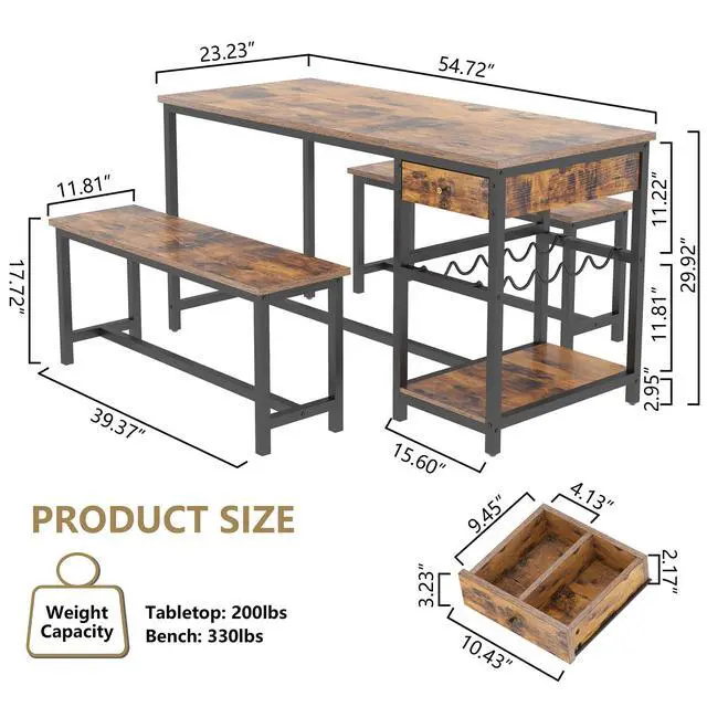 Alt view image 2 of 6 - Dining Table Set for 4-6 People, 54.7" Kitchen Dinner Table with 2 Bench, Dining Room Tables Set with Storage Drawer & Shelf, 3-Piece Breakfast Nook Tables with Wine Rack &Glass Holder (Rustic)