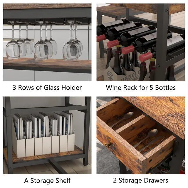 Alt view image 3 of 6 - Dining Table Set for 4-6 People, 54.7" Kitchen Dinner Table with 2 Bench, Dining Room Tables Set with Storage Drawer & Shelf, 3-Piece Breakfast Nook Tables with Wine Rack &Glass Holder (Rustic)