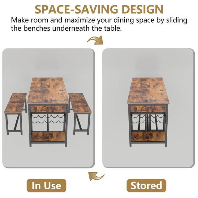 Alt view image 4 of 6 - Dining Table Set for 4-6 People, 54.7" Kitchen Dinner Table with 2 Bench, Dining Room Tables Set with Storage Drawer & Shelf, 3-Piece Breakfast Nook Tables with Wine Rack &Glass Holder (Rustic)