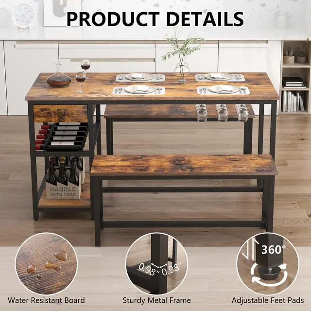 Alt view image 5 of 6 - Dining Table Set for 4-6 People, 54.7" Kitchen Dinner Table with 2 Bench, Dining Room Tables Set with Storage Drawer & Shelf, 3-Piece Breakfast Nook Tables with Wine Rack &Glass Holder (Rustic)