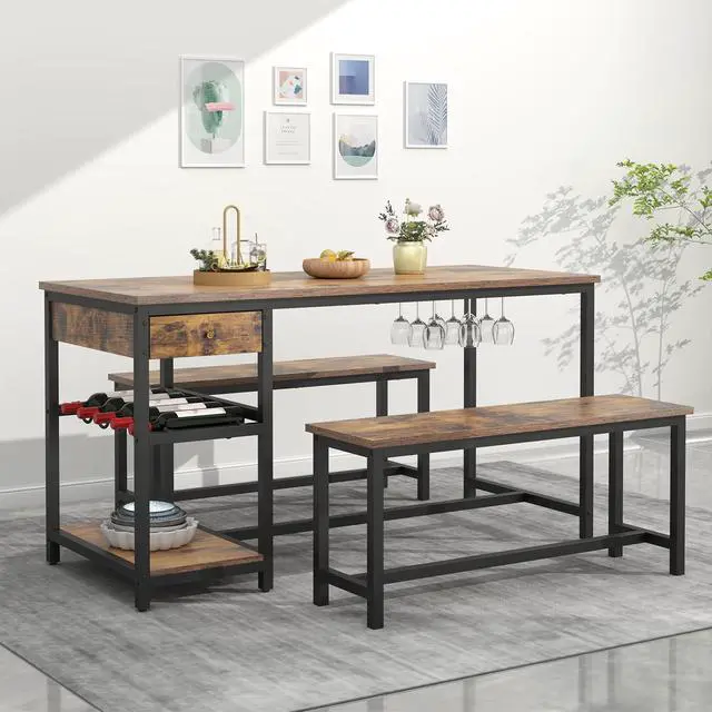 Alt view image 6 of 6 - Dining Table Set for 4-6 People, 54.7" Kitchen Dinner Table with 2 Bench, Dining Room Tables Set with Storage Drawer & Shelf, 3-Piece Breakfast Nook Tables with Wine Rack &Glass Holder (Rustic)