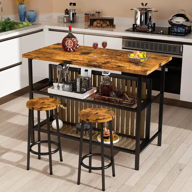 Alt view image 2 of 6 - 3 Piece Bar Table and Chairs Set, Industrial Bar Table Set for 2 Kitchen Island with Seating,Counter Height Table with Storage Shelves,Dining Room Table Set for Kitchen,Walnut