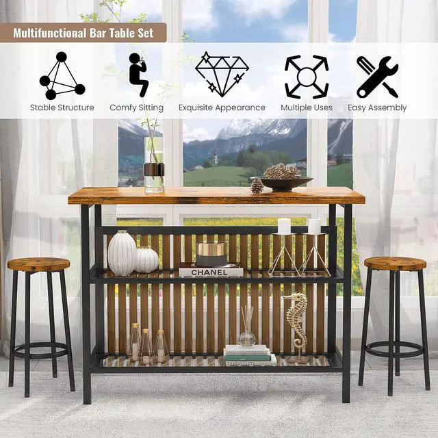 Alt view image 3 of 6 - 3 Piece Bar Table and Chairs Set, Industrial Bar Table Set for 2 Kitchen Island with Seating,Counter Height Table with Storage Shelves,Dining Room Table Set for Kitchen,Walnut