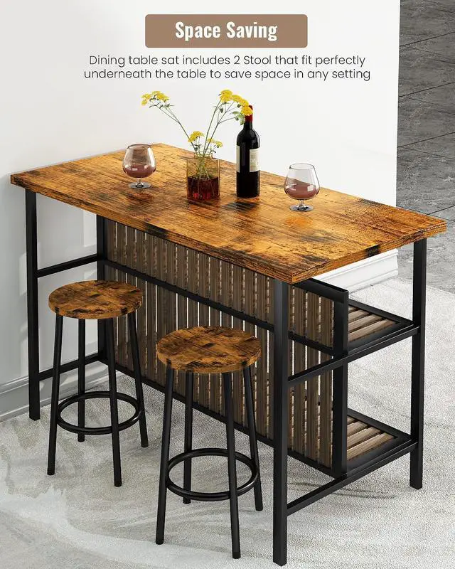 Alt view image 4 of 6 - 3 Piece Bar Table and Chairs Set, Industrial Bar Table Set for 2 Kitchen Island with Seating,Counter Height Table with Storage Shelves,Dining Room Table Set for Kitchen,Walnut