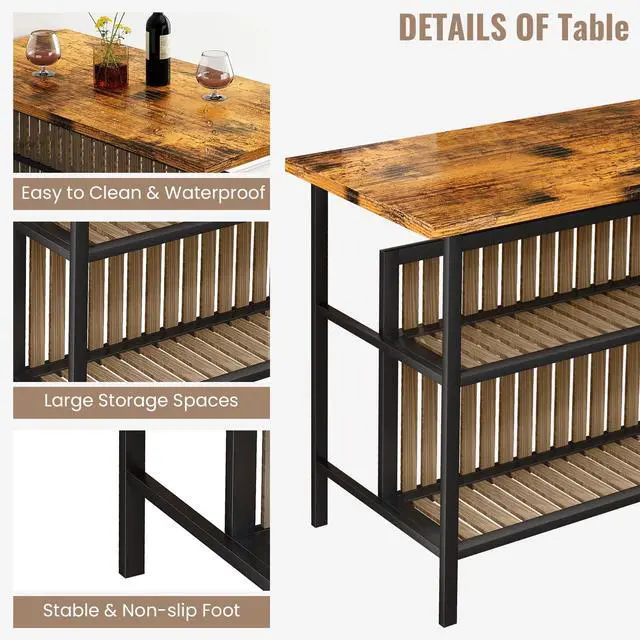 Alt view image 5 of 6 - 3 Piece Bar Table and Chairs Set, Industrial Bar Table Set for 2 Kitchen Island with Seating,Counter Height Table with Storage Shelves,Dining Room Table Set for Kitchen,Walnut