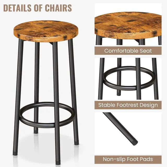 Alt view image 6 of 6 - 3 Piece Bar Table and Chairs Set, Industrial Bar Table Set for 2 Kitchen Island with Seating,Counter Height Table with Storage Shelves,Dining Room Table Set for Kitchen,Walnut