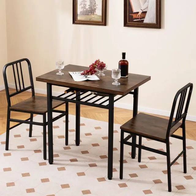 Alt view image 2 of 6 - 3-Piece Dining Table Set, Rectangular Kitchen Table with Storage Rack and 2 Dining Chairs, Heavy-Duty Metal Frame, Space-Saving Dinette Set for Breakfast Nook, Apartment (Brown + Black)
