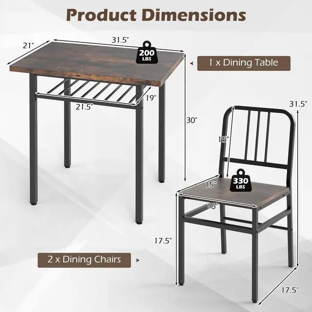 Alt view image 3 of 6 - 3-Piece Dining Table Set, Rectangular Kitchen Table with Storage Rack and 2 Dining Chairs, Heavy-Duty Metal Frame, Space-Saving Dinette Set for Breakfast Nook, Apartment (Brown + Black)