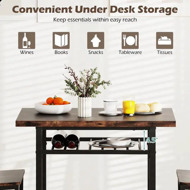 Alt view image 4 of 6 - 3-Piece Dining Table Set, Rectangular Kitchen Table with Storage Rack and 2 Dining Chairs, Heavy-Duty Metal Frame, Space-Saving Dinette Set for Breakfast Nook, Apartment (Brown + Black)