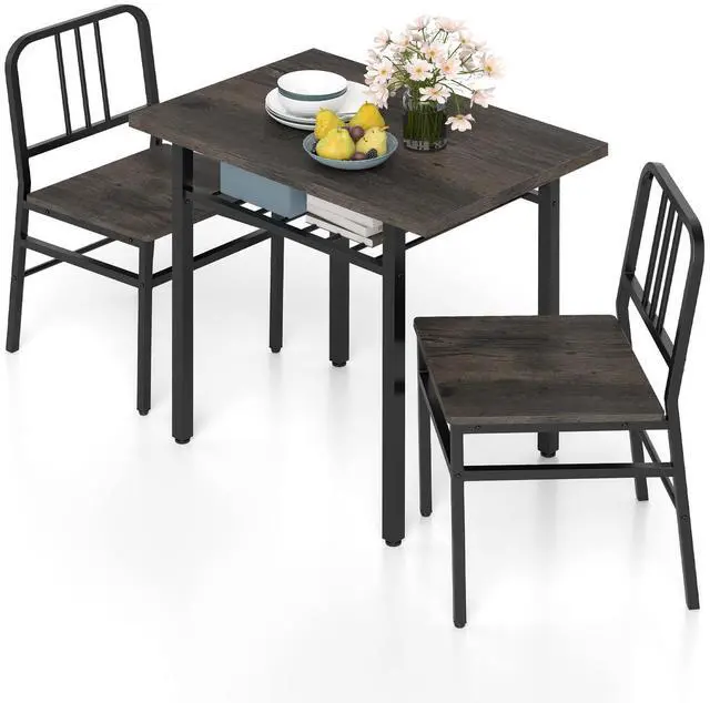 Main image of 3-Piece Dining Table Set, Rectangular Kitchen Table with Storage Rack and 2 Dining Chairs, Heavy-Duty Metal Frame, Space-Saving Dinette Set for Breakfast Nook, Apartment (Gray + Black)