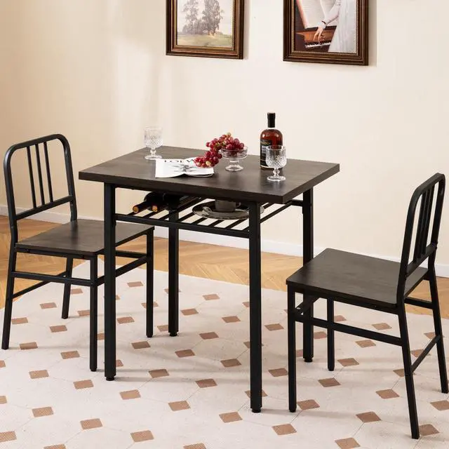 Alt view image 2 of 6 - 3-Piece Dining Table Set, Rectangular Kitchen Table with Storage Rack and 2 Dining Chairs, Heavy-Duty Metal Frame, Space-Saving Dinette Set for Breakfast Nook, Apartment (Gray + Black)