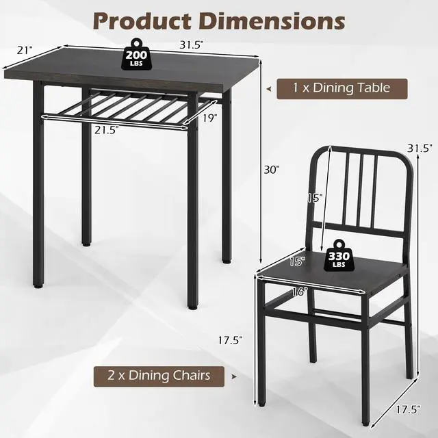 Alt view image 3 of 6 - 3-Piece Dining Table Set, Rectangular Kitchen Table with Storage Rack and 2 Dining Chairs, Heavy-Duty Metal Frame, Space-Saving Dinette Set for Breakfast Nook, Apartment (Gray + Black)