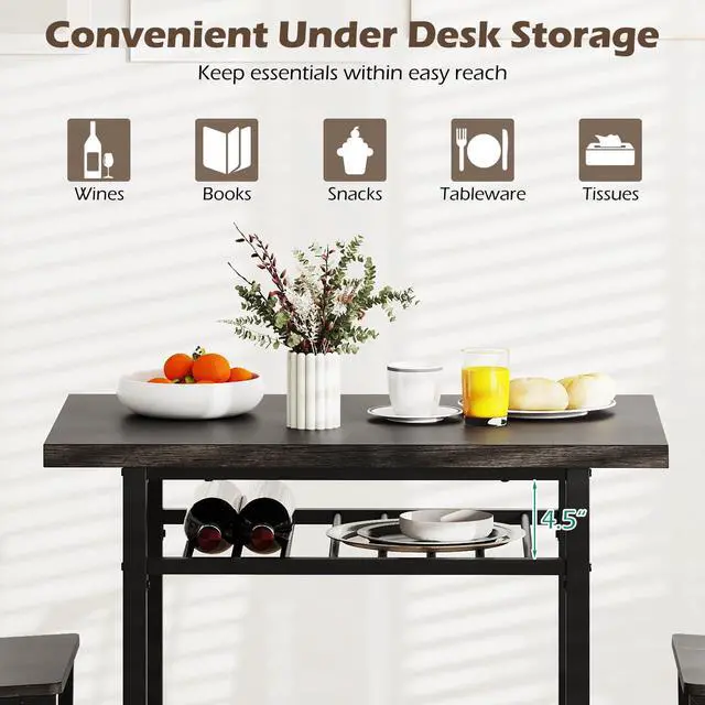 Alt view image 4 of 6 - 3-Piece Dining Table Set, Rectangular Kitchen Table with Storage Rack and 2 Dining Chairs, Heavy-Duty Metal Frame, Space-Saving Dinette Set for Breakfast Nook, Apartment (Gray + Black)