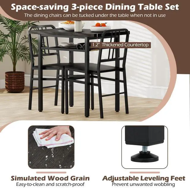 Alt view image 5 of 6 - 3-Piece Dining Table Set, Rectangular Kitchen Table with Storage Rack and 2 Dining Chairs, Heavy-Duty Metal Frame, Space-Saving Dinette Set for Breakfast Nook, Apartment (Gray + Black)