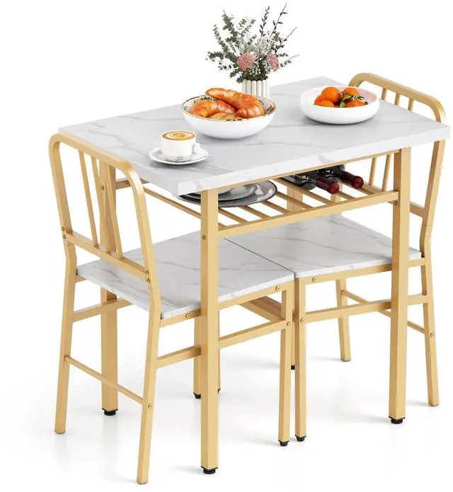 Main image of 3-Piece Dining Table Set, Rectangular Kitchen Table with Storage Rack and 2 Dining Chairs, Heavy-Duty Metal Frame, Space-Saving Dinette Set for Breakfast Nook, Apartment (White + Gold)