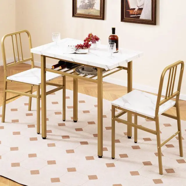 Alt view image 2 of 6 - 3-Piece Dining Table Set, Rectangular Kitchen Table with Storage Rack and 2 Dining Chairs, Heavy-Duty Metal Frame, Space-Saving Dinette Set for Breakfast Nook, Apartment (White + Gold)