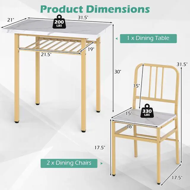 Alt view image 3 of 6 - 3-Piece Dining Table Set, Rectangular Kitchen Table with Storage Rack and 2 Dining Chairs, Heavy-Duty Metal Frame, Space-Saving Dinette Set for Breakfast Nook, Apartment (White + Gold)