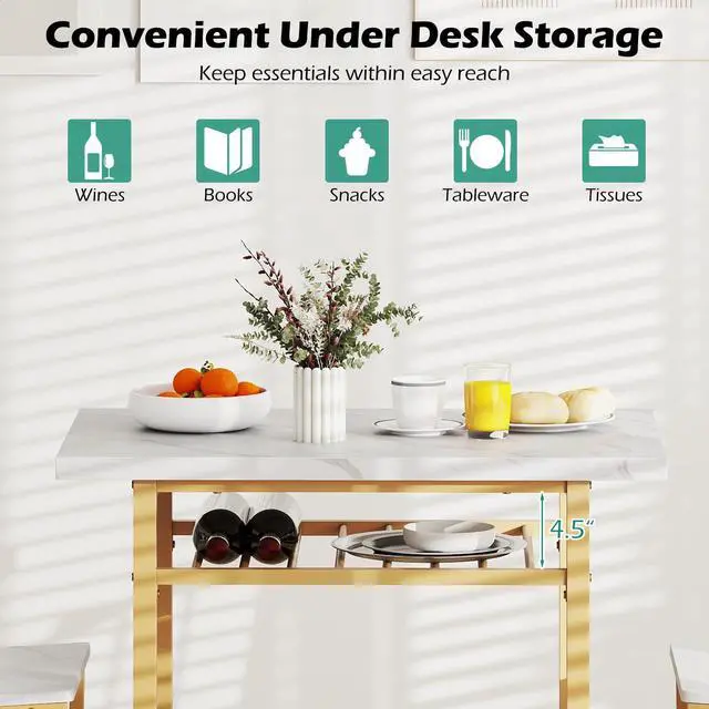 Alt view image 4 of 6 - 3-Piece Dining Table Set, Rectangular Kitchen Table with Storage Rack and 2 Dining Chairs, Heavy-Duty Metal Frame, Space-Saving Dinette Set for Breakfast Nook, Apartment (White + Gold)